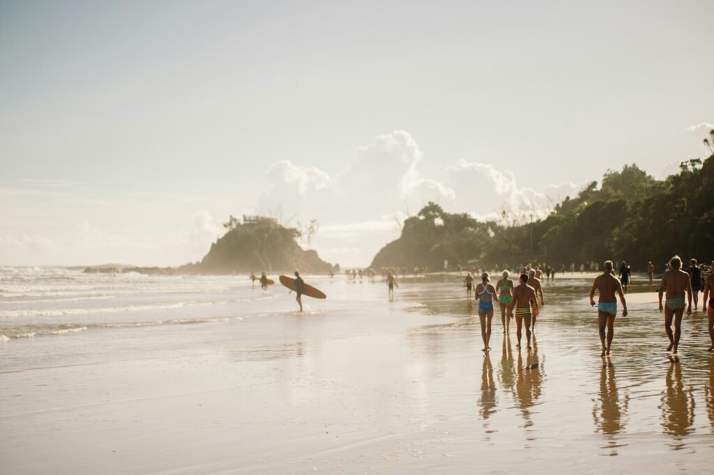 a group of people on a beach