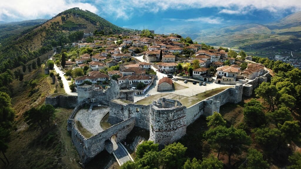 a stone castle and buildings